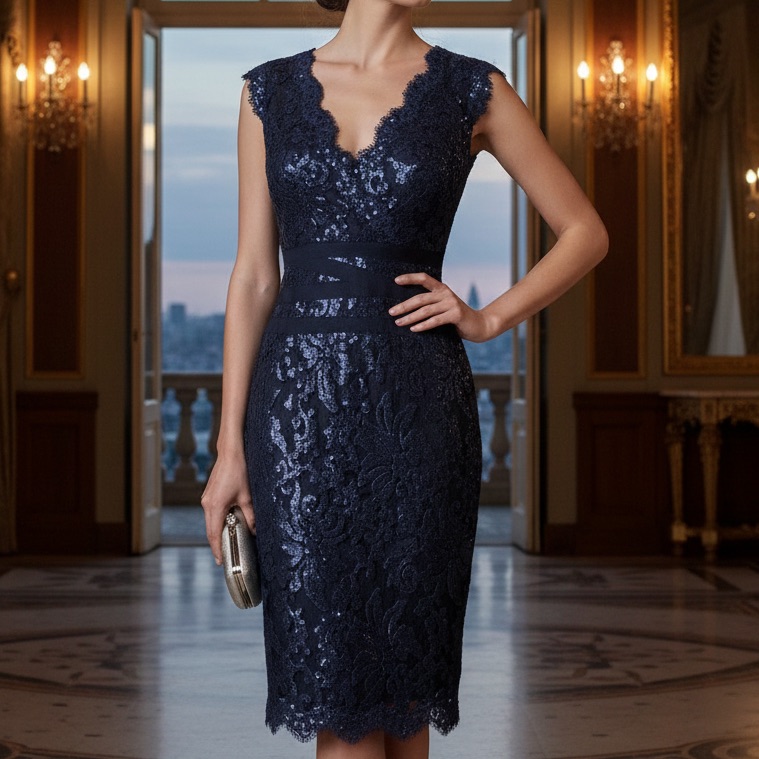 Tadashi Shoji Embroidered Sequin Lace Banded Navy Black Sheath Cocktail Dress 4